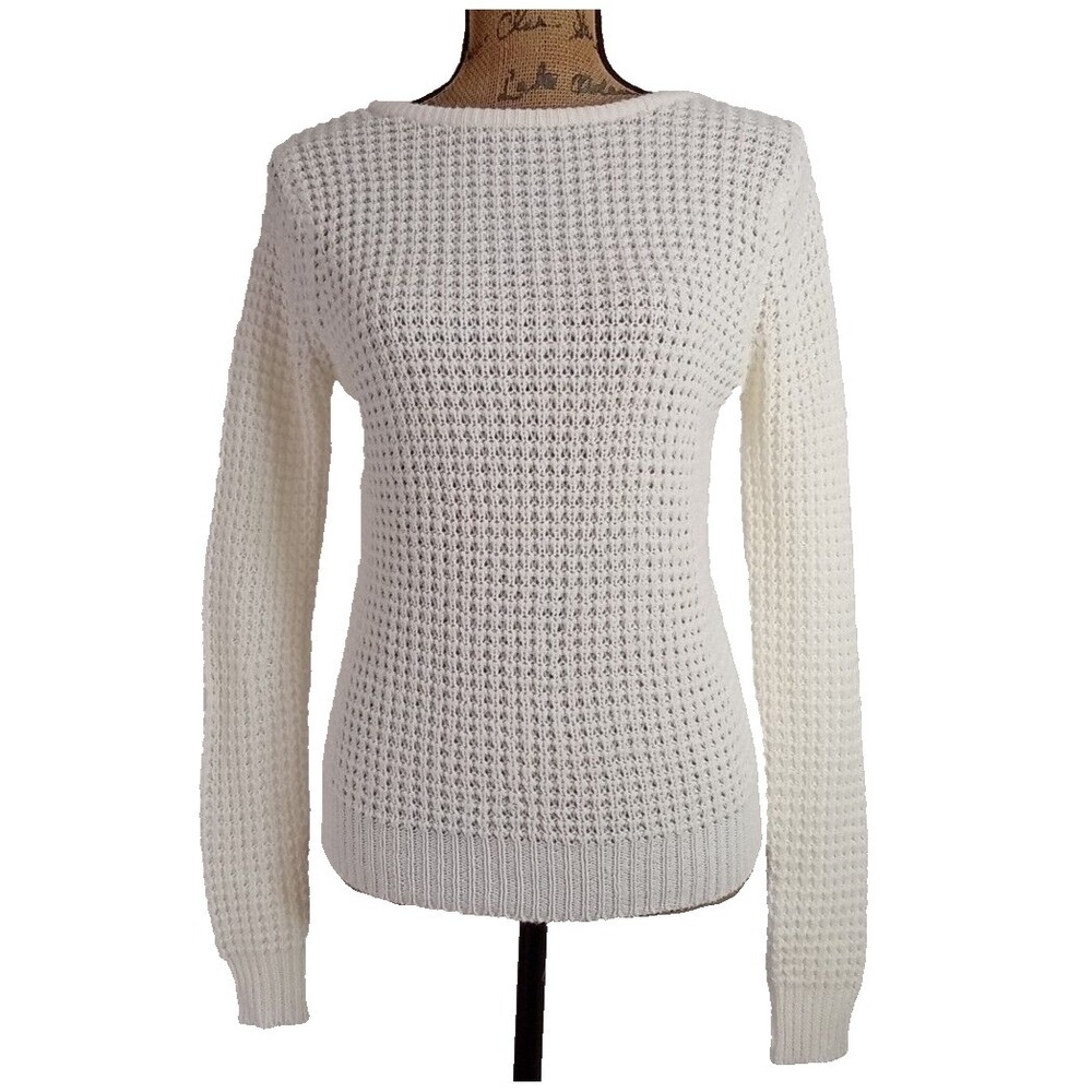 Panhandle Sweater SMALL Cream Open Knit Stretch Crisscross Back Long Sleeve‎ LN